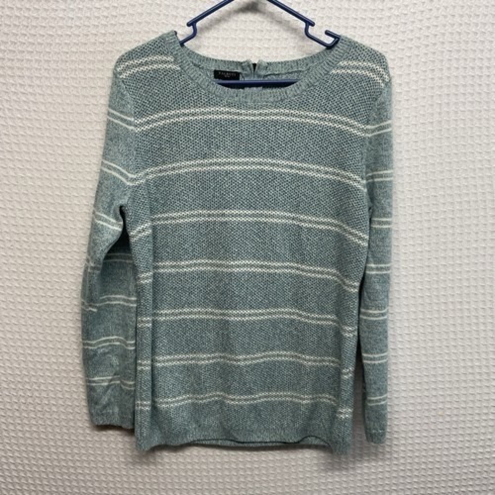 Talbots Teal/White Striped Waffle Knit CrewNeck Sweater Pullover‎ Women LP China